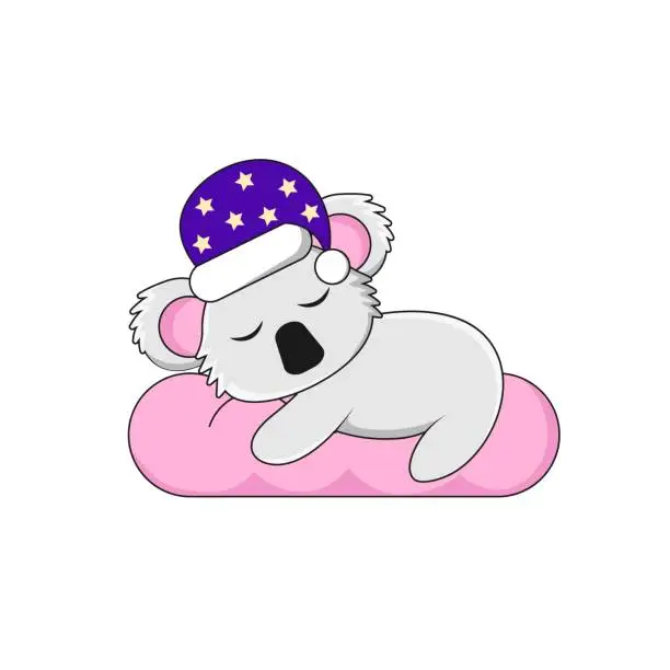 Vector illustration of Koala character cartoon. A cartoon koala sleeps on a cloud in a cap with stars. Vector illustration