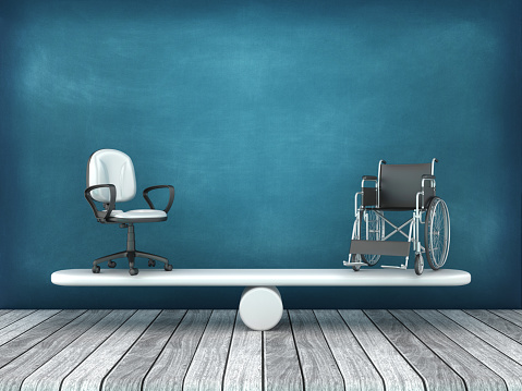 Wheelchair and Office Chair on Seesaw - Chalkboard Background - 3D Rendering