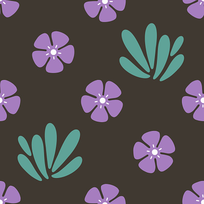 Pretty floral seamless pattern. Hand drawn flat purple scribbled flowers and grass scattered on black background. Simple botanical raster allover illustration