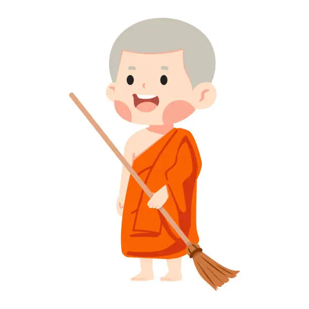 Vector illustration of buddhist Novice monk cleaning temple