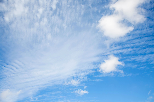 White cloudy ripples with small clouds on a bright blue sky. Background bright calm sky.
