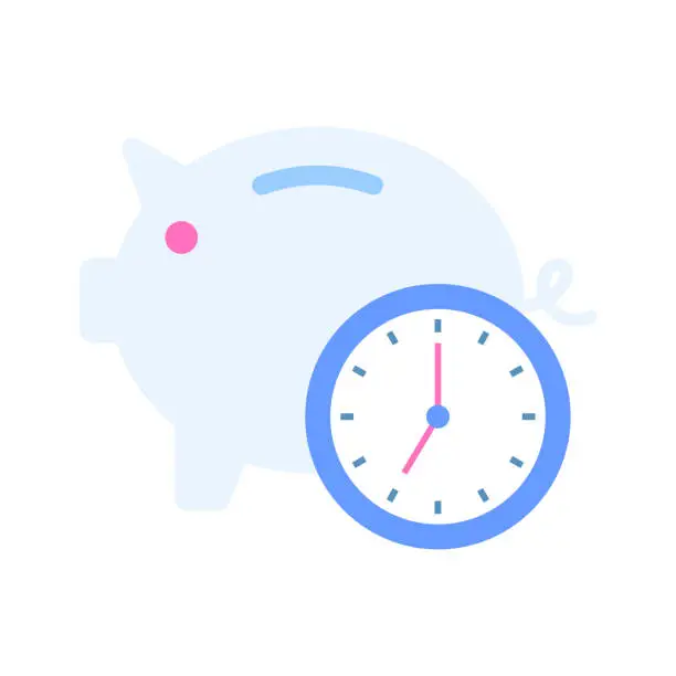 Vector illustration of Piggy bank with clock, concept flat icon of time saving in trendy style.