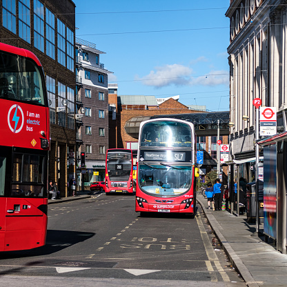 Kingston-Upon-Thames, London UK, February 12 2024, TFL Red Double Decker Public Transport Busses Picking Up Passengers