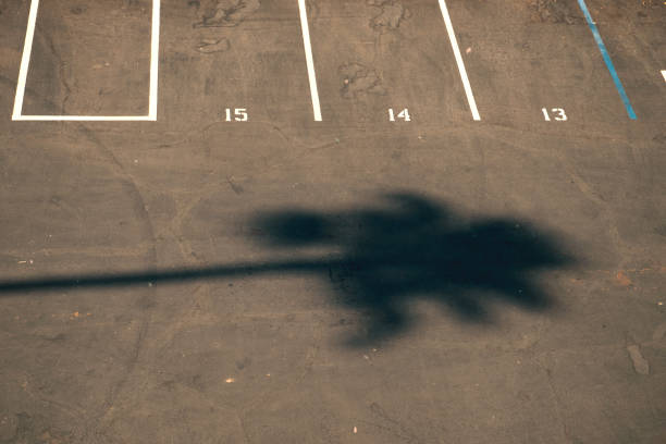 Close-up shot of a blue, accessible parking spot, marked by a white painted symbol on the surface. The asphalt is dark.