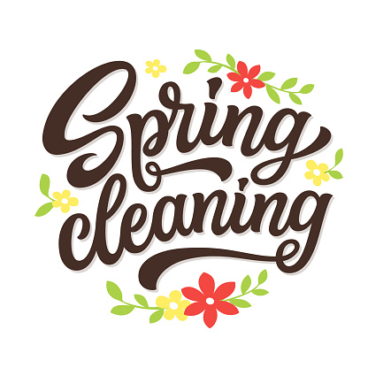Spring cleaning. Hand lettering text with flowers and leaves isolated on white background. Vector typography for posters, banners, flyers, social media