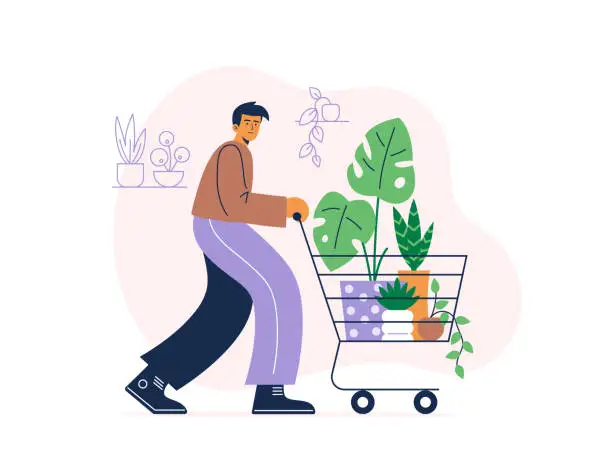 Vector illustration of A young man holding a shopping trolley. Buying plants and trees for home or garden. Vector flat illustration on a white background.