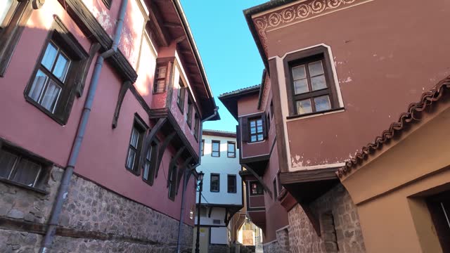 Street and Nineteenth Century Houses at old town of Plovdiv, Bulgaria