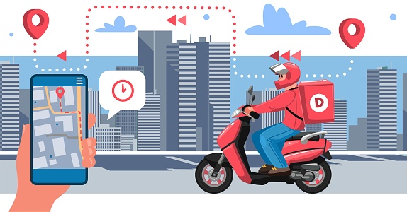 Bike delivery. Online app order, restaurant service, takeout and deliver city service, quick moped. Male courier on scooter, meal shipping. Deliveryman on motorcycle. Vector illustration web banner