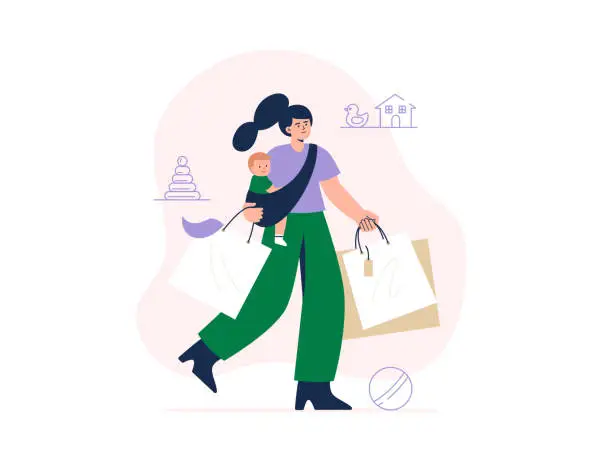 Vector illustration of A young mother with a little child and shopping bags in her hands. Buying baby supplies and toys. Vector flat illustration on a white background.