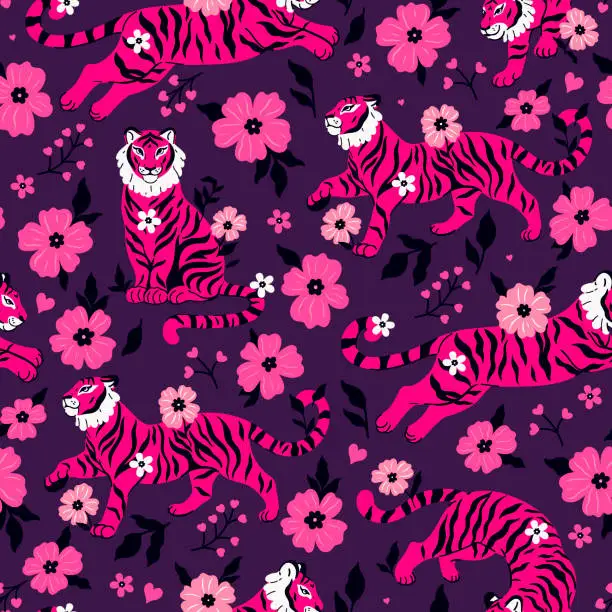 Vector illustration of Seamless pattern with flowers and fuchsia colors of fancy graceful tigers. Vector graphics.