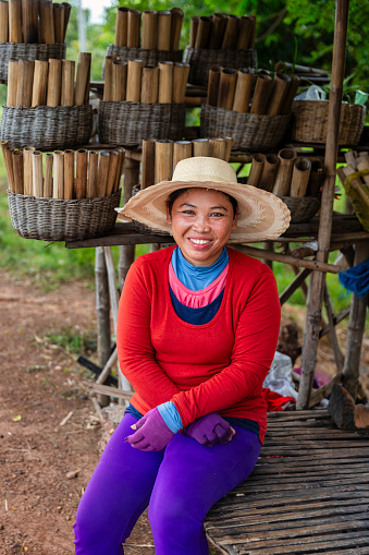 Cambodian woman selling sticky rice in bamboo on a street market, Cambodia. Kralan is made by roasting a mixture of glutinous rice, black-eyed peas, coconut milk, grated coconut in bamboo tubes over a fire.