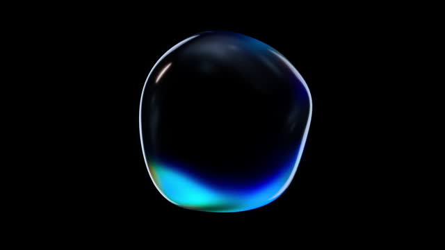 Realistic water bubble on black backdrop. Abstract liquid distorted sphere with iridescence. 3d render animation loopable