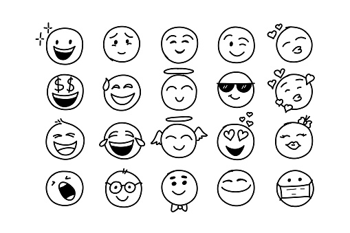 Hand drawn in doodle style, emoji with evaluation range from joyful to sad. Vector illustration