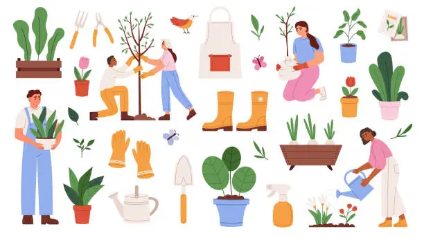 Vector illustration of Gardening set with people, tools and plants