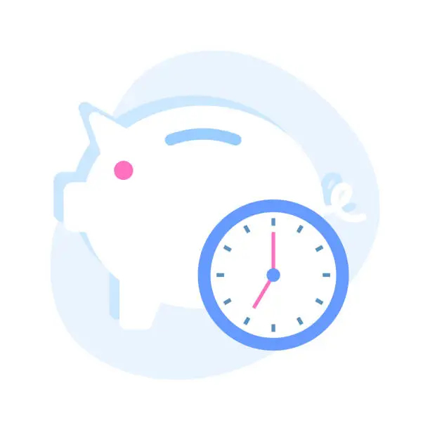 Vector illustration of Piggy bank with clock, concept flat icon of time saving in trendy style.