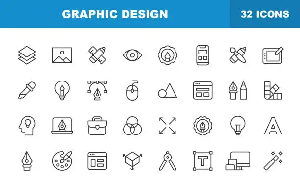 Vector illustration of Graphic Design and Creativity Line Icons. Editable Stroke. Contains such icons as Creativity, Layout, Mobile App Design, Art Tools, Drawing Tablet, Typography, Colour Palette.