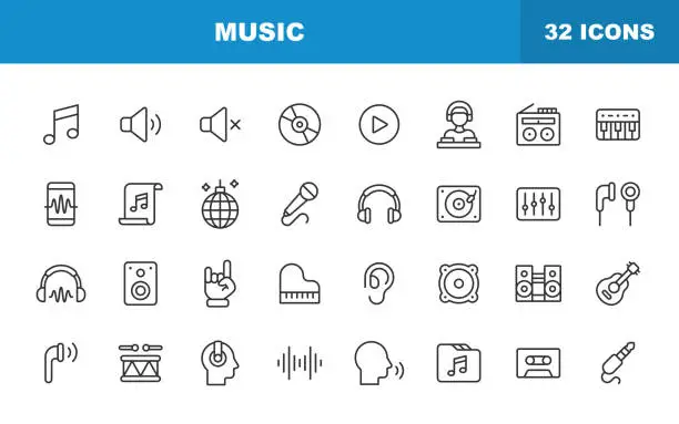 Vector illustration of Music Line Icons. Editable Stroke. Contains such icons as Speaker, Audio, Music Player, Music Streaming, Dancing, Party, Headphones, Radio, Music Note, DJ, Singing, Karaoke.