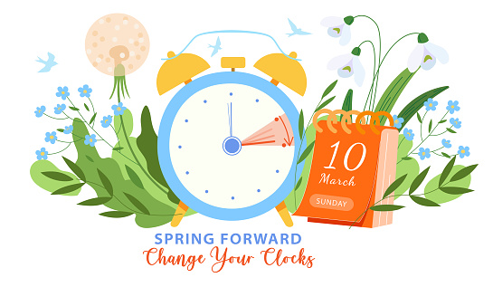 Spring time forward banner. Alarm clock turning one hour forward on the calendar date march 10, 2024. Spring cozy vector illustration with alarm clock and schedule in flowers