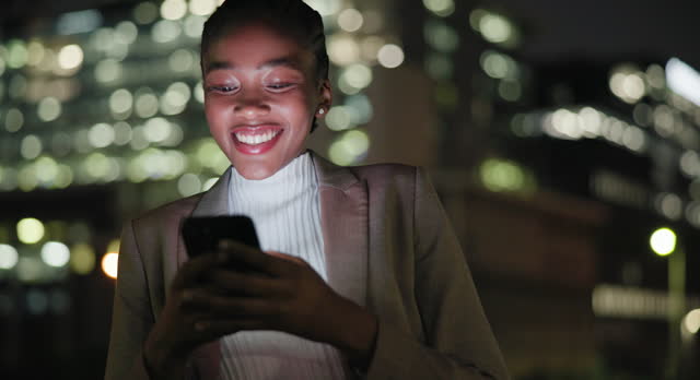 Night, business and black woman in a city, cellphone and typing with connection and online chatting. Person, professional and employee with smartphone and internet with digital app, evening and meme