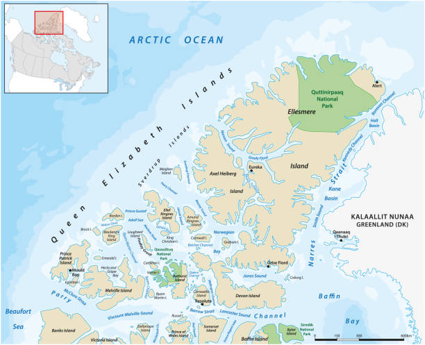 illustrazioni stock, clip art, cartoni animati e icone di tendenza di mappa vettoriale delle isole queen elizabeth canadesi - ellesmere island