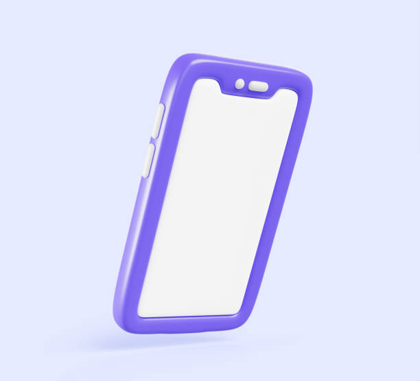 istock 3d smartphone icon with empty white screen render. Cartoon mock up of purple mobile phone with blank touchscreen isolated on blue background angle view, template for game ui design 2007667948
