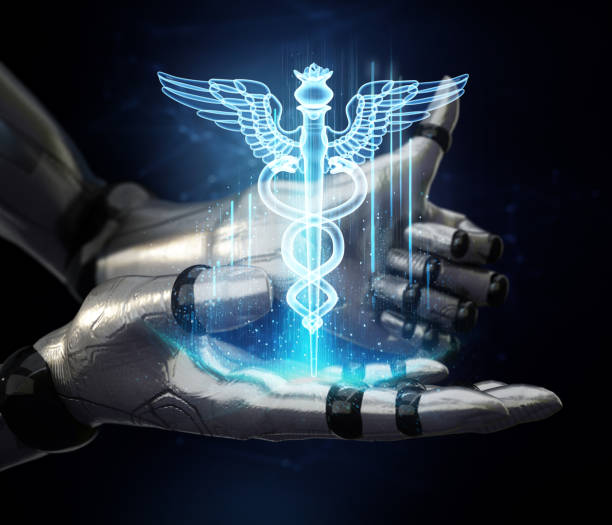 istock Blue caduceus hologram floating over robotic hand while other hand doing thumbs up gesture. Cyber medicine concept 2007682846