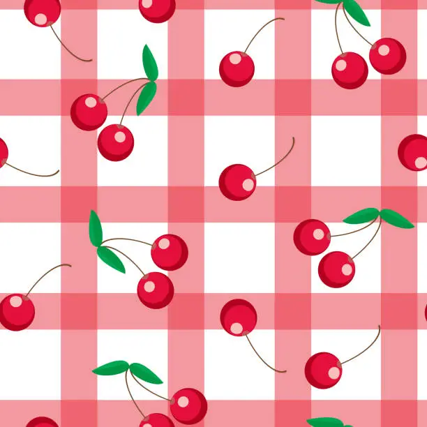 Vector illustration of Cherry gingham plaid, tartan fabric texture, vector seamless pattern. Checkered repeat pattern textile design, wallpaper