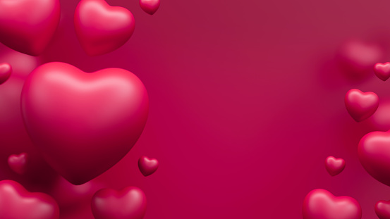 Violet hearts on violet background with shallow depth of field. Valentine day backdrop. 3d render illustration.