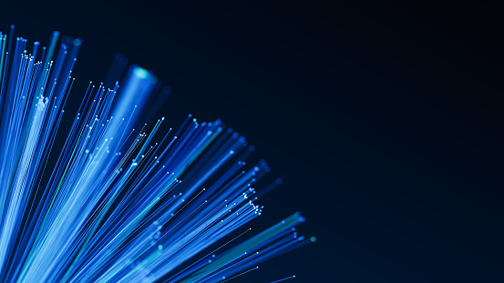 Illuminated fiber optic cables. Glowing internet data streams. Digital transmission. 3d render illustration.