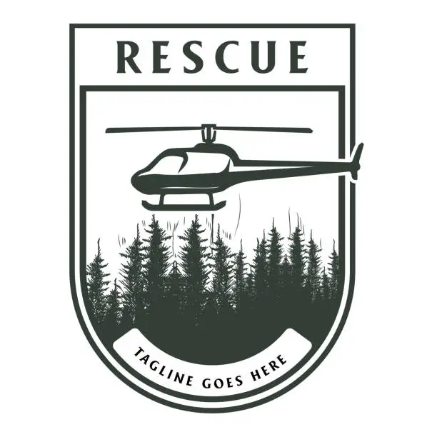 Vector illustration of Vintage Helicopter with Pine Evergreen Larch Cedar Conifer Fir Trees Forest for Military Rescue Badge Emblem Design Vector