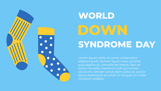 World Down Syndrome Day Banner. 21 March. Different socks in blue and yellow colours and basic text. Vector illustration.