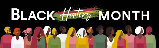 Vector illustration of Large Group of Black People. Black History Month Banner. Learning about African culture.