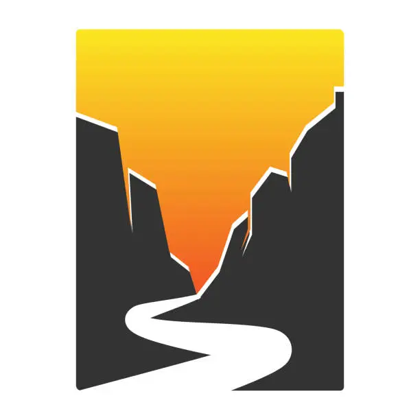 Vector illustration of Sunset Sunrise Canyon Cliff with River Creek Road for Adventure T Shirt Illustration Design Vector