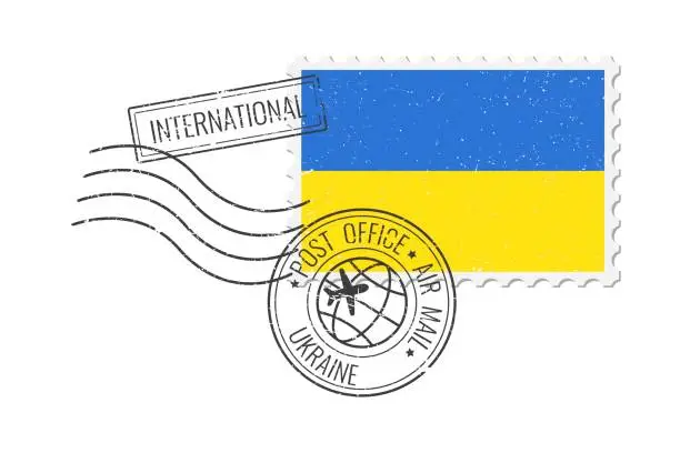 Vector illustration of Ukraine grunge postage stamp. Vintage postcard vector illustration with Ukrainian national flag isolated on white background. Retro style.