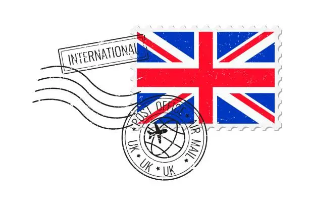 Vector illustration of UK grunge postage stamp. Vintage postcard vector illustration with British national flag isolated on white background. Retro style.