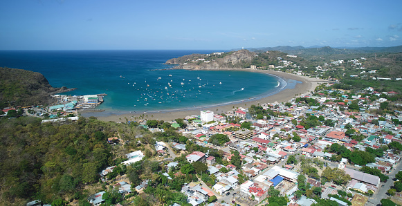 Tropical beach in Nicaragua aerial drone view popular for tourism