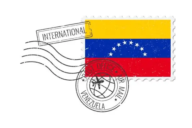 Vector illustration of Venezuela grunge postage stamp. Vintage postcard vector illustration with Venezuelan national flag isolated on white background. Retro style.