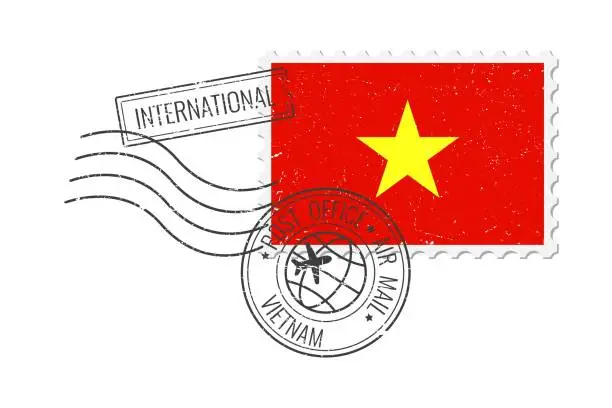 Vector illustration of Vietnam grunge postage stamp. Vintage postcard vector illustration with Vietnamese national flag isolated on white background. Retro style.