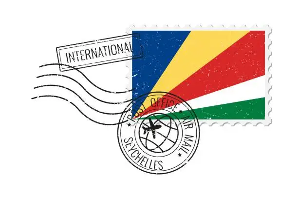Vector illustration of Seychelles grunge postage stamp. Vintage postcard vector illustration with national flag of the Seychelles isolated on white background. Retro style.