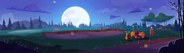 Vector illustration of Golf course with grass surface, sand at night