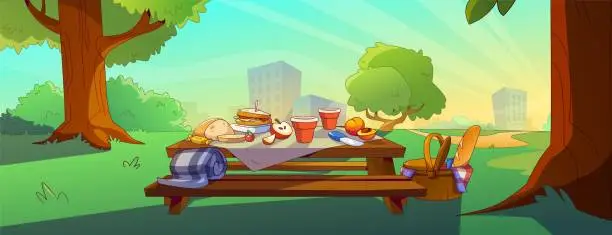 Vector illustration of Picnic in park on table with bench cartoon vector