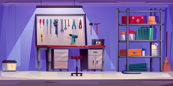 Cartoon garage interior with workshop furniture and tools on wall board. Vector car repair and store room inside with table and chair, rack with toolbox and first aid kit, screwdrivers and pliers.