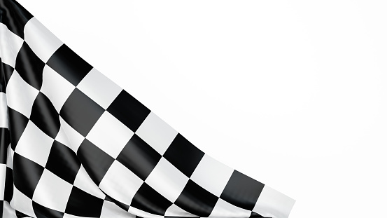 Checkered finish flag on white background. Space for text. 3d render illustration.