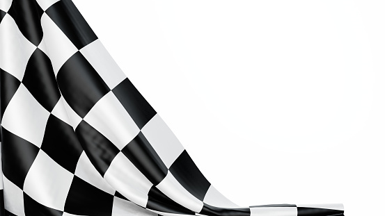 Checkered finish flag on white background. Space for text. 3d render illustration.