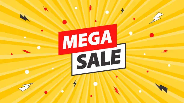 Vector illustration of Mega Sale - Banner Template on the Abstract Pop Art Sunburst Background. Vector Illustration