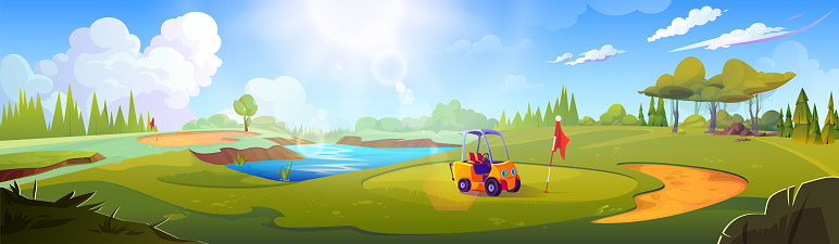 Cartoon golf field with green grass hills, sandy areas and water lake. Vector summer or spring sunny day landscape with cart near hole with flag on golfcourse. Lawn with greenery and sport equipment.