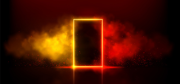 Neon light door on black background. Vector realistic illustration of rectangle frame portal on night club stage with red, orange, yellow smoke, reflection on floor, sparkling particles glowing in air