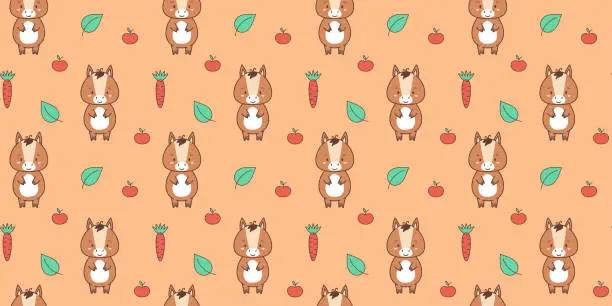 Vector illustration of Seamless pattern with cute horse. Cute animals in kawaii style. Drawings for children.