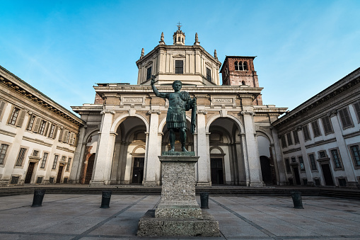 Statue of Constantine In Front Of San Lorenzo Church In Milan Center, Italy