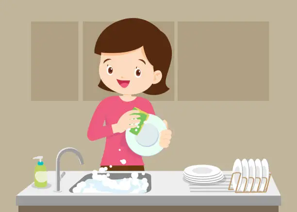 Vector illustration of woman wearing in an apron is washing dishes